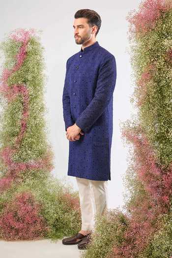 Kasbah_Blue Silk Stones Geometric Embroidered Sherwani _Online_at_Aza_Fashions