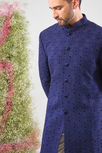 Buy_Kasbah_Blue Silk Stones Geometric Embroidered Sherwani _Online_at_Aza_Fashions
