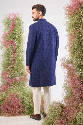 Shop_Kasbah_Blue Silk Stones Geometric Embroidered Sherwani _at_Aza_Fashions