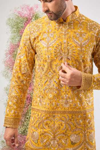 Kasbah_Yellow Georgette Embroidery, Sequins, Zari Kurta _Online_at_Aza_Fashions