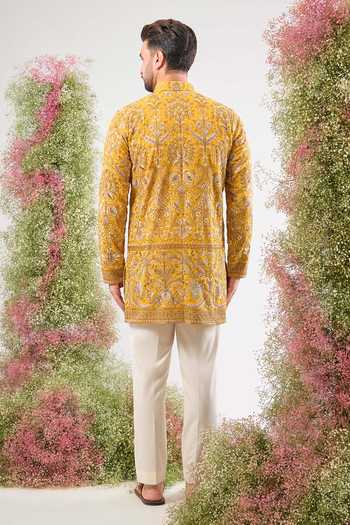 Shop_Kasbah_Yellow Georgette Embroidery, Sequins, Zari Kurta _at_Aza_Fashions