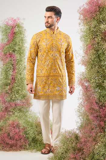 Buy_Kasbah_Yellow Georgette Embroidery, Sequins, Zari Kurta _Online_at_Aza_Fashions