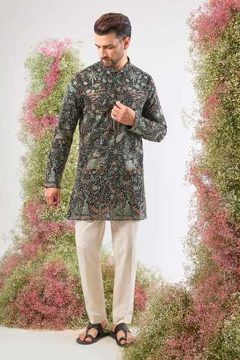 Buy_Kasbah_Black Georgette Embroidery, Sequins Flora And Fauna Kurta _Online_at_Aza_Fashions