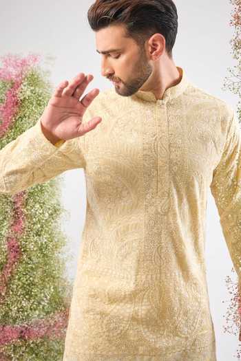 Kasbah_Yellow Georgette Embroidery, Sequins Chikankari Kurta _Online_at_Aza_Fashions