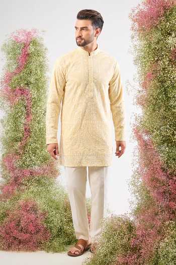 Buy_Kasbah_Yellow Georgette Embroidery, Sequins Chikankari Kurta _Online_at_Aza_Fashions