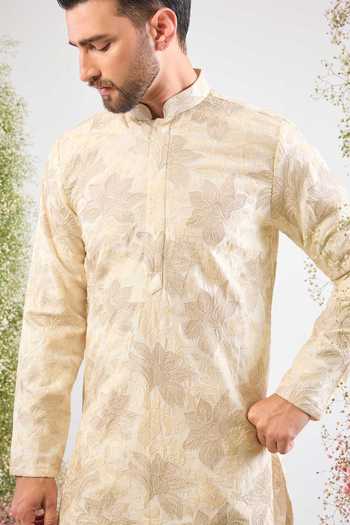 Kasbah_Beige Georgette Embroidery, Zari Floral Chikankari Short Kurta  _Online_at_Aza_Fashions