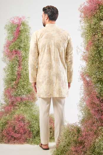 Shop_Kasbah_Beige Georgette Embroidery, Zari Floral Chikankari Short Kurta  _at_Aza_Fashions