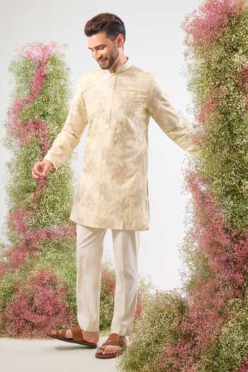 Buy_Kasbah_Beige Georgette Embroidery, Zari Floral Chikankari Short Kurta  _Online_at_Aza_Fashions