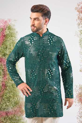 Buy_Kasbah_Green Silk Sequins, Mirrors Work Short Kurta _at_Aza_Fashions