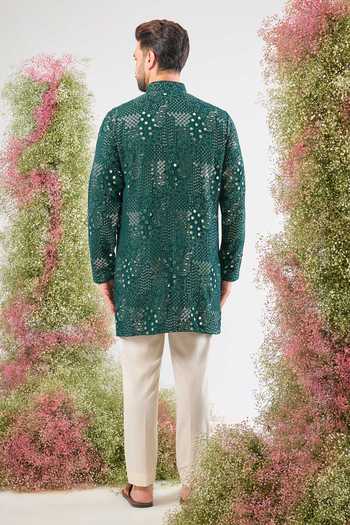Shop_Kasbah_Green Silk Sequins, Mirrors Work Short Kurta _at_Aza_Fashions