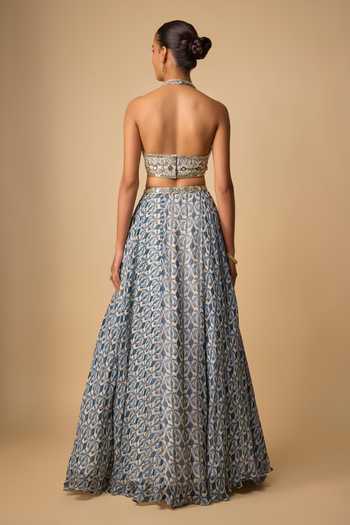 Shop_Neha Khullar_Blue Organza, Viscose Sequins, Mirrors Halter Neck Work Lehenga Set _at_Aza_Fashions