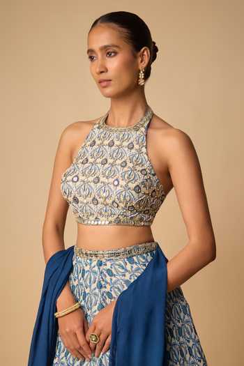 Neha Khullar_Blue Organza, Viscose Sequins, Mirrors Halter Neck Work Lehenga Set _Online_at_Aza_Fashions