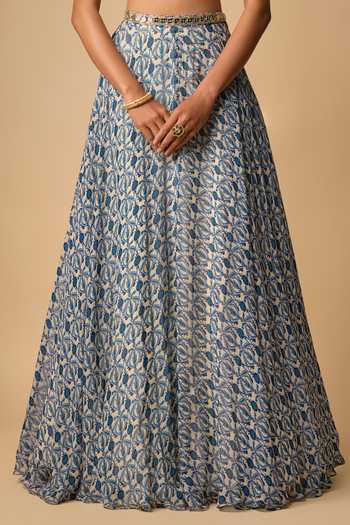 Buy_Neha Khullar_Blue Organza, Viscose Sequins, Mirrors Halter Neck Work Lehenga Set _Online_at_Aza_Fashions