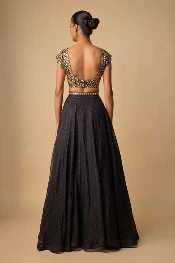 Shop_Neha Khullar_Black Organza, Chanderi, Tissue Mirrors, Sequins Embellished Lehenga Set _at_Aza_Fashions