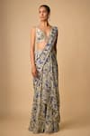 Buy_Neha Khullar_Blue Organza, Viscose Pearls, Mirrors V-neck Work Pre-draped Saree With Blouse _at_Aza_Fashions