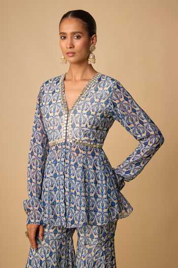 Neha Khullar_Blue Organza, Viscose Mirrors V-neck Printed Peplum Kurta And Gharara Set _Online_at_Aza_Fashions