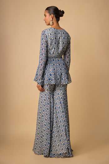 Shop_Neha Khullar_Blue Organza, Viscose Mirrors V-neck Printed Peplum Kurta And Gharara Set _at_Aza_Fashions