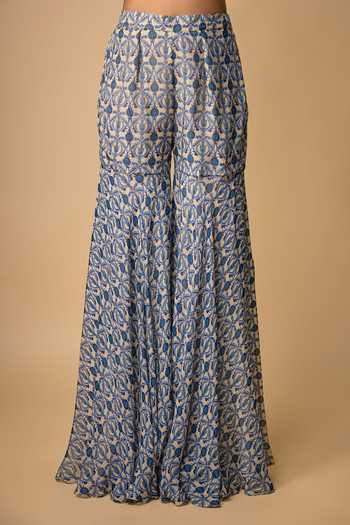 Buy_Neha Khullar_Blue Organza, Viscose Mirrors V-neck Printed Peplum Kurta And Gharara Set _Online_at_Aza_Fashions