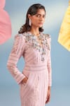 Shop_Parul And Preyanka_Pink Crepe, Net, Lace Sequins, Fabric Flowers V-neck Blaire Dress _Online_at_Aza_Fashions