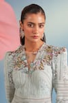 Shop_Parul And Preyanka_Blue Crepe, Net, Lace Sequins, Fabric Flowers V-neck Powder Blair Dress _Online_at_Aza_Fashions