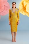 Buy_Parul And Preyanka_Mustard Crepe, Net, Lace Sequins, Fabric Flowers Plunge Neck Yellow Blair Dress _at_Aza_Fashions