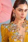 Parul And Preyanka_Mustard Crepe, Net, Lace Sequins, Fabric Flowers Plunge Neck Yellow Blair Dress _Online_at_Aza_Fashions