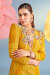 Buy_Parul And Preyanka_Mustard Crepe, Net, Lace Sequins, Fabric Flowers Plunge Neck Yellow Blair Dress _Online_at_Aza_Fashions