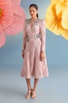 Parul And Preyanka_Pink Crepe, Net, Lace Sequins, Fabric Flowers V-neck Nina Dusty Dress _Online_at_Aza_Fashions