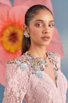 Shop_Parul And Preyanka_Pink Crepe, Net, Lace Sequins, Fabric Flowers V-neck Nina Dusty Dress _Online_at_Aza_Fashions