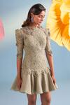 Parul And Preyanka_Beige Crepe, Net, Lace Applique, Fabric Flowers High Neck Almond Portia Dress _Online_at_Aza_Fashions