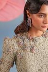 Shop_Parul And Preyanka_Beige Crepe, Net, Lace Applique, Fabric Flowers High Neck Almond Portia Dress _Online_at_Aza_Fashions