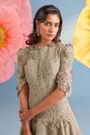 Parul And Preyanka_Beige Crepe, Net, Lace Applique, Fabric Flowers High Neck Almond Portia Dress _at_Aza_Fashions