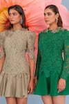 Shop_Parul And Preyanka_Green Crepe, Net, Lace Applique, Fabric Flowers High Neck Jade Portia Dress _Online_at_Aza_Fashions