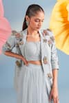 Parul And Preyanka_Blue Crepe, Net, Lace Applique, Fabric Flowers Charlotte Jacket Skirt Set _Online_at_Aza_Fashions