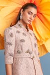 Shop_Parul And Preyanka_Pink Crepe, Net, Lace Fabric Flowers, Applique Mandarin Serena Jacket Skirt Set _Online_at_Aza_Fashions