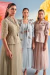 Buy_Parul And Preyanka_Beige Crepe, Net, Lace Pearls, Crystals, Fabric Flowers Serena Jacket Skirt Set _Online_at_Aza_Fashions