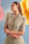 Shop_Parul And Preyanka_Beige Crepe, Net, Lace Pearls, Crystals, Fabric Flowers Serena Jacket Skirt Set _Online_at_Aza_Fashions