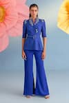 Buy_Parul And Preyanka_Blue Crepe, Lace Pearls, Crystals, Fabric Flowers Serena Jacket And Pant Set _at_Aza_Fashions