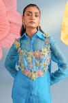 Buy_Parul And Preyanka_Blue Silk, Organza, Crepe Fabric Flowers Collared Embroidered Bolero And Pant Set _Online_at_Aza_Fashions