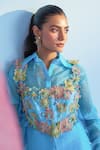 Shop_Parul And Preyanka_Blue Silk, Organza, Crepe Fabric Flowers Collared Embroidered Bolero And Pant Set _Online_at_Aza_Fashions