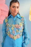 Parul And Preyanka_Blue Silk, Organza, Crepe Fabric Flowers Collared Embroidered Bolero And Pant Set _at_Aza_Fashions