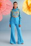 Buy_Parul And Preyanka_Blue Silk, Organza, Crepe Fabric Flowers Collared Embroidered Bolero And Pant Set _at_Aza_Fashions