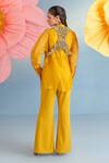 Shop_Parul And Preyanka_Yellow Organza, Crepe Fabric Flowers Collared, Daisy Embroidered Bolero Pant Set _at_Aza_Fashions