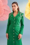 Shop_Parul And Preyanka_Green Crepe Embroidery, Pearls, Fabric Flowers Nina Trench Dress With Belt _at_Aza_Fashions