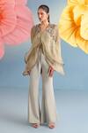Buy_Parul And Preyanka_Beige Silk, Organza, Crepe Open Neck Emma Embroidered Cape Pant Set _at_Aza_Fashions