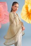 Shop_Parul And Preyanka_Beige Silk, Organza, Crepe Open Neck Emma Embroidered Cape Pant Set _at_Aza_Fashions