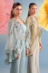 Buy_Parul And Preyanka_Beige Silk, Organza, Crepe Open Neck Emma Embroidered Cape Pant Set _Online_at_Aza_Fashions