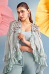 Parul And Preyanka_Blue Silk Organza, Crepe V-neck Emma Ruffled Cape Pant Set _Online_at_Aza_Fashions