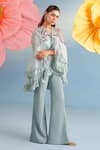 Shop_Parul And Preyanka_Blue Silk Organza, Crepe V-neck Emma Ruffled Cape Pant Set _at_Aza_Fashions