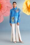 Parul And Preyanka_Blue Silk, Organza Applique, Fabric Flowers Iris Dragonfly Embroidered Shirt _Online_at_Aza_Fashions